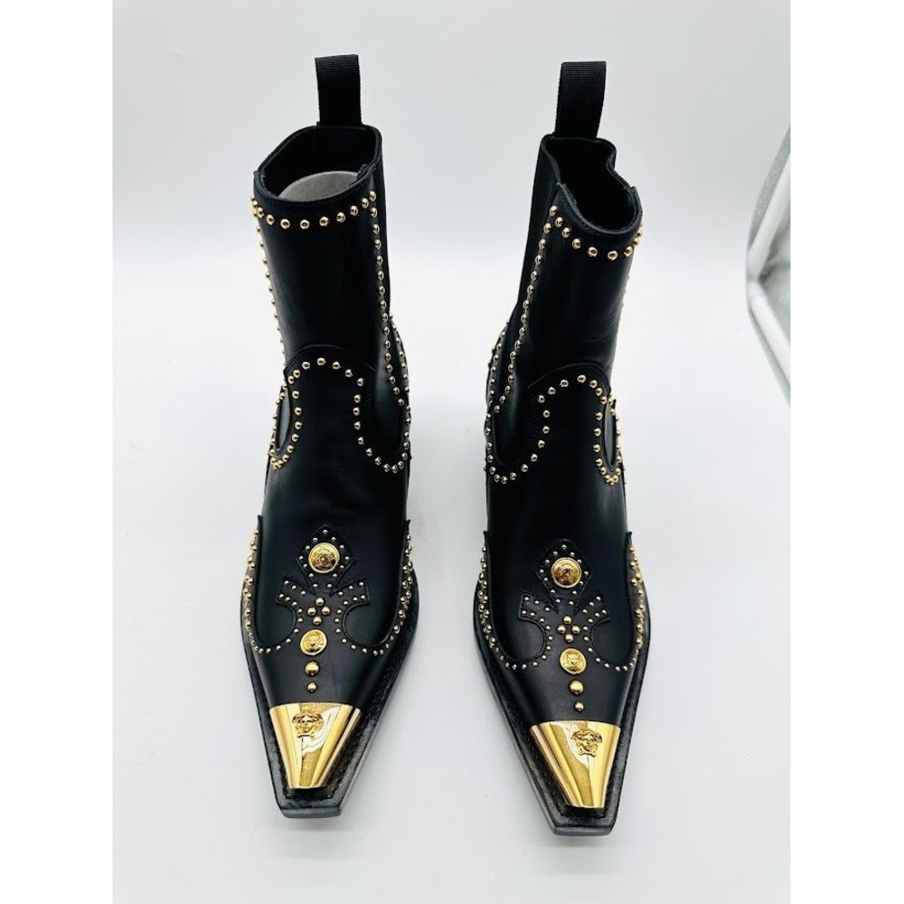 Versace Black Leather Studded Medusa Cowboy Boots Gold Toe IT 38 US 8
